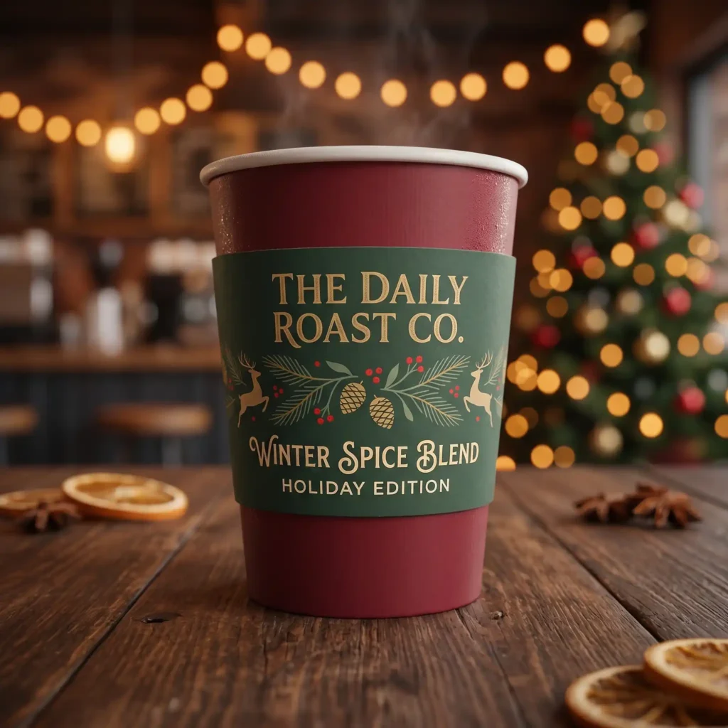 Holiday coffee cup packaging with festive Winter Spice Blend design featuring red and green colors, Christmas tree background with warm bokeh lights