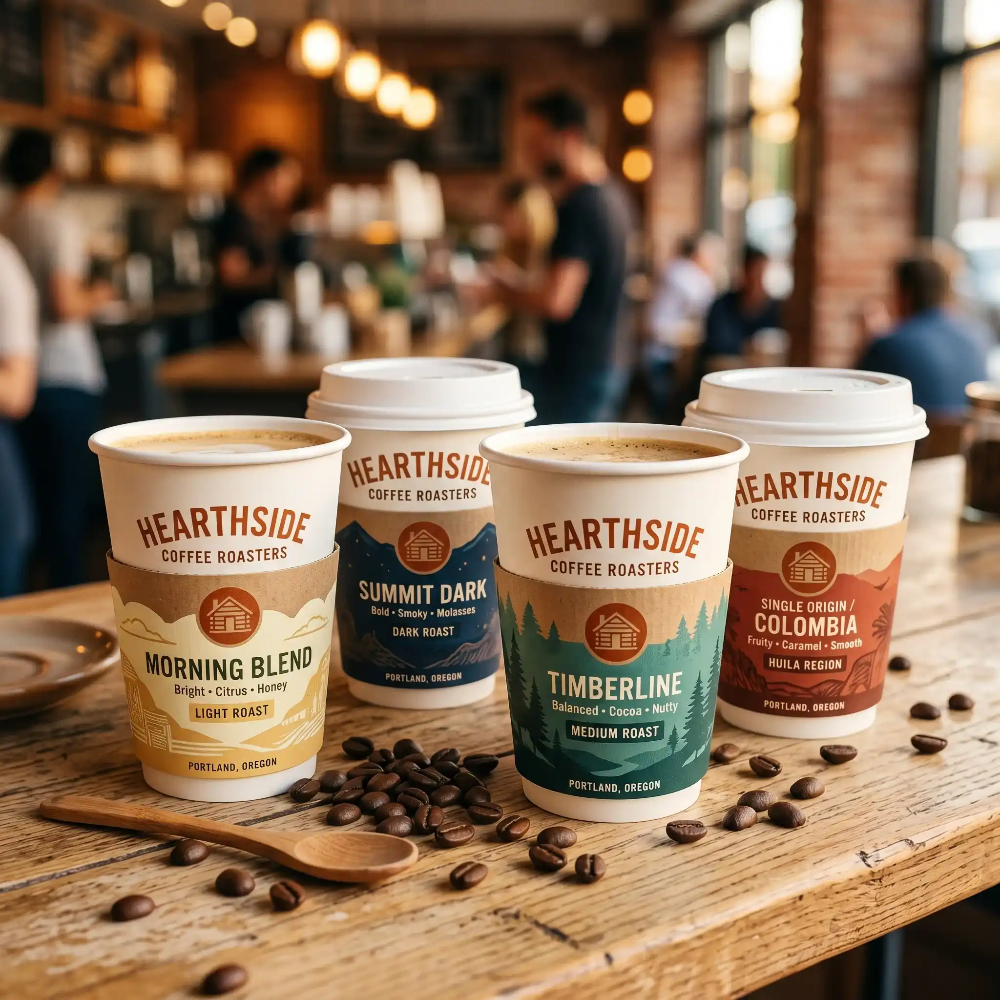 Four Hearthside Coffee Roasters branded takeaway cups with custom packaging design displayed on wooden surface with coffee beans in cozy cafe setting
