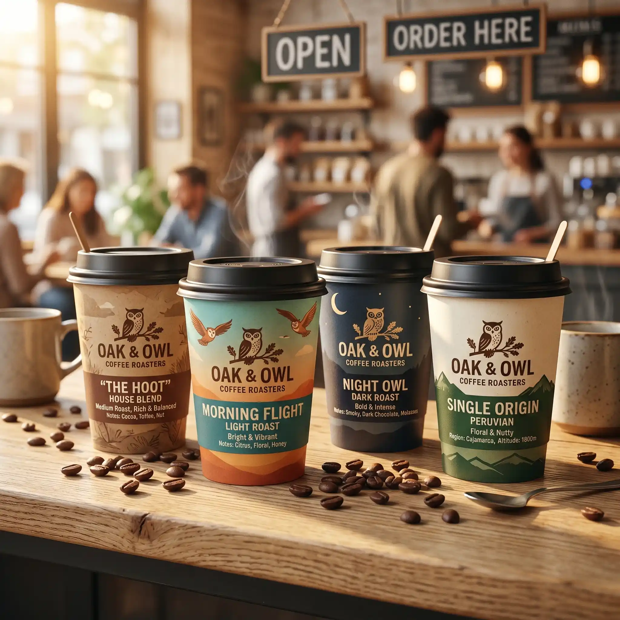 Four Oak & Owl coffee cups with custom packaging design on wooden counter in warm cafe setting with scattered coffee beans