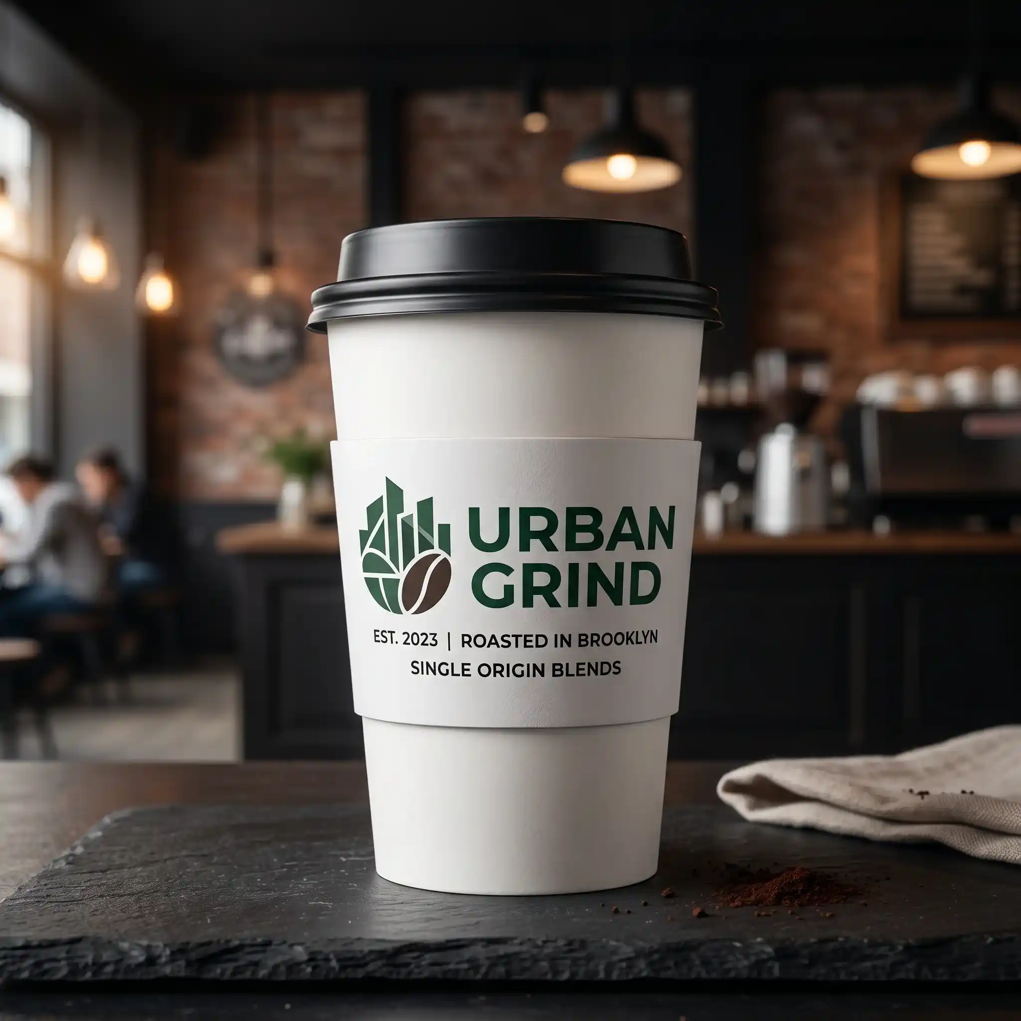 White coffee cup with black lid featuring Urban Grind logo on dark slate surface in warm industrial cafe setting