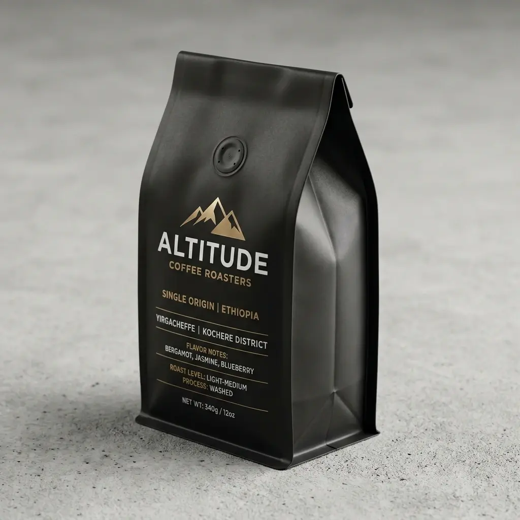 Black coffee packaging bag for Altitude Coffee Roasters Ethiopian single origin blend on concrete surface with premium design