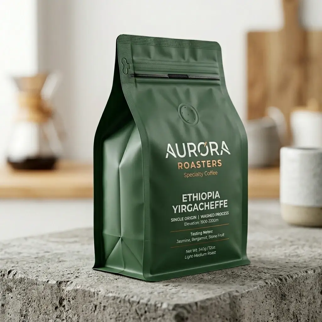 Green coffee packaging bag for Aurora Roasters Ethiopia Yirgacheffe on marble countertop in modern kitchen setting