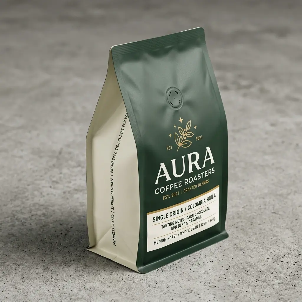 Green and cream Aura Coffee Roasters bag featuring Colombia Huila single origin medium roast whole bean coffee on concrete surface