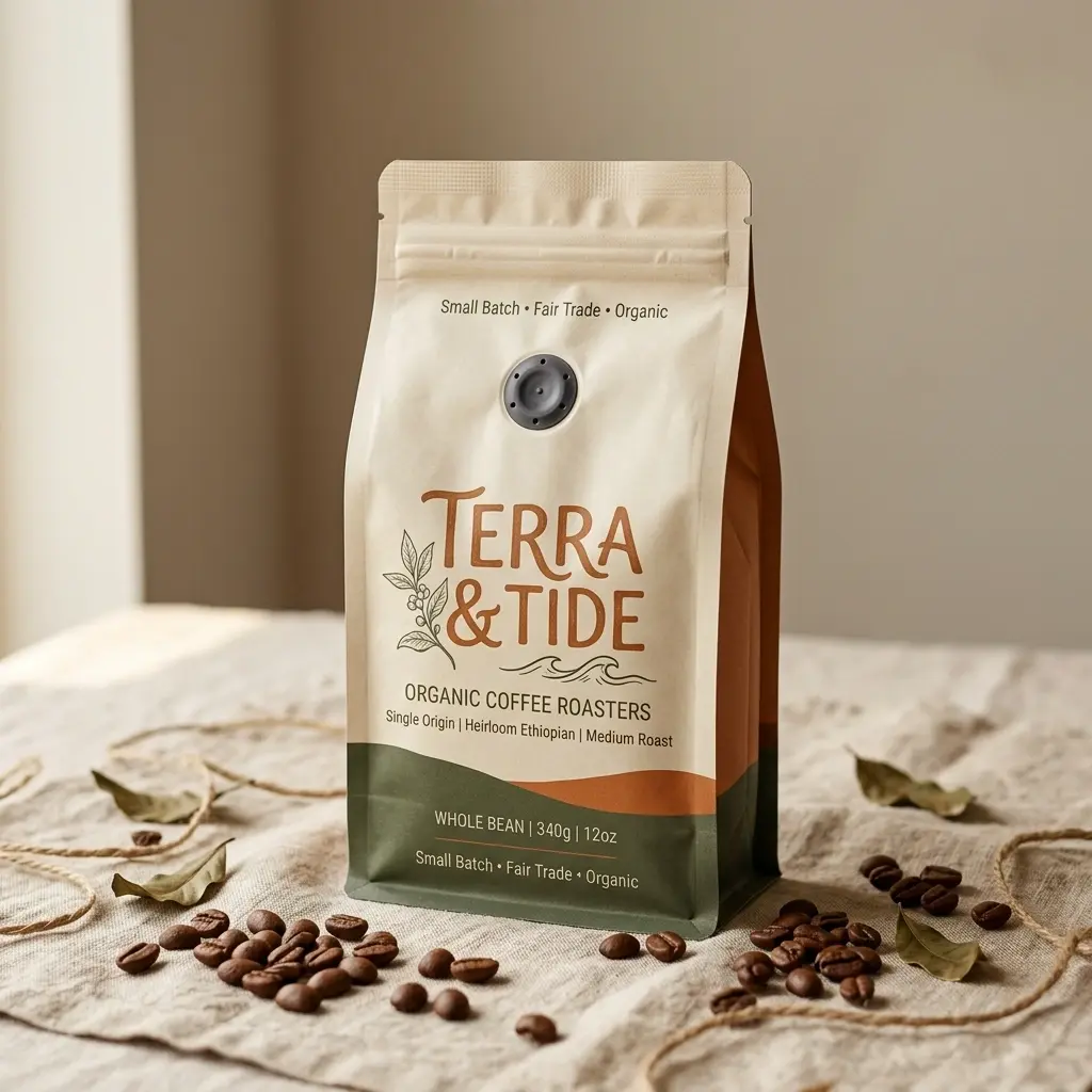 Terra & Tide organic coffee packaging bag with coffee beans scattered on burlap cloth, featuring earth-tone design and fair trade branding