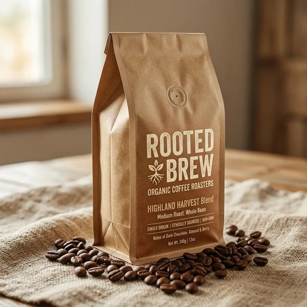 Rooted Brew organic coffee packaging bag on rustic burlap with scattered coffee beans in warm natural lighting