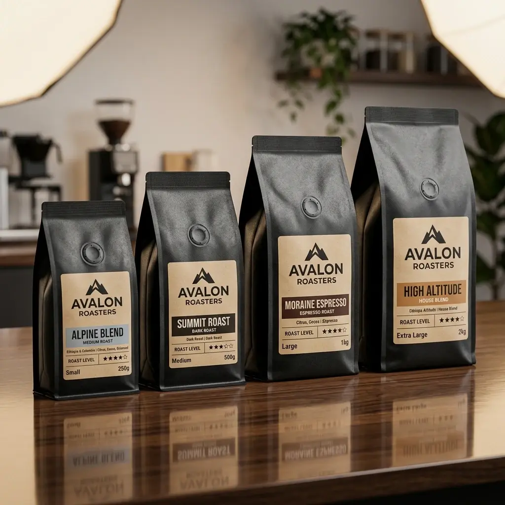 Four premium coffee packaging bags by Avalon Roasters displayed on glossy wooden surface in modern kitchen setting with warm lighting