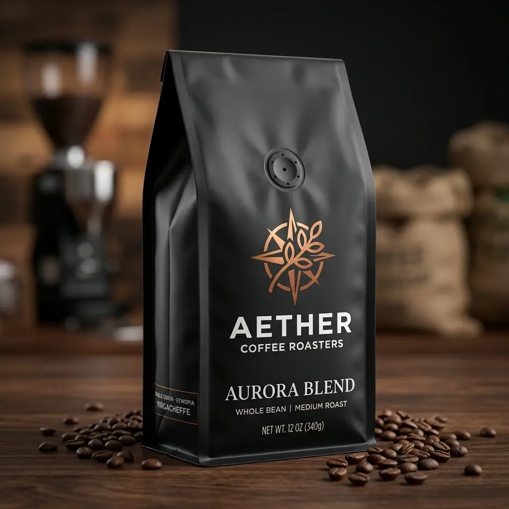 Black coffee bag with copper Aether Coffee Roasters logo featuring Aurora Blend whole bean medium roast, surrounded by coffee beans on wooden surface