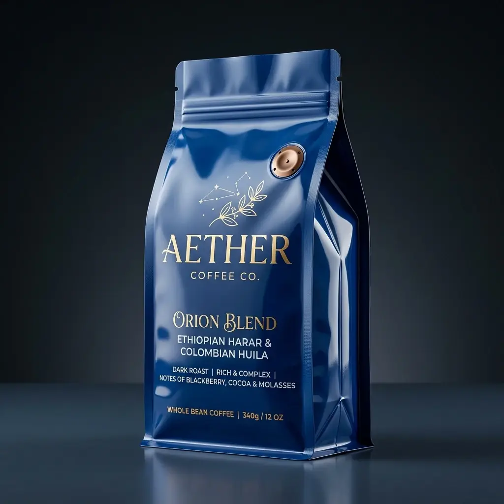 Premium blue coffee packaging design for Aether Coffee Co. Orion Blend featuring elegant typography and celestial branding elements