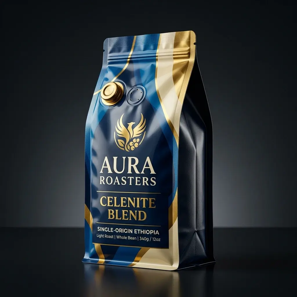 Premium blue and gold coffee packaging design for Aura Roasters Celenite Blend Ethiopian single-origin whole bean coffee bag on dark background