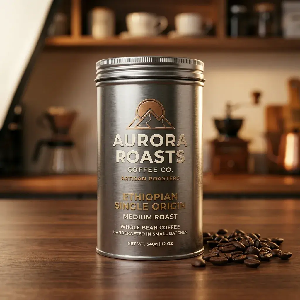 Aurora Roasts Ethiopian single origin coffee tin on wooden kitchen counter with scattered coffee beans in warm lighting