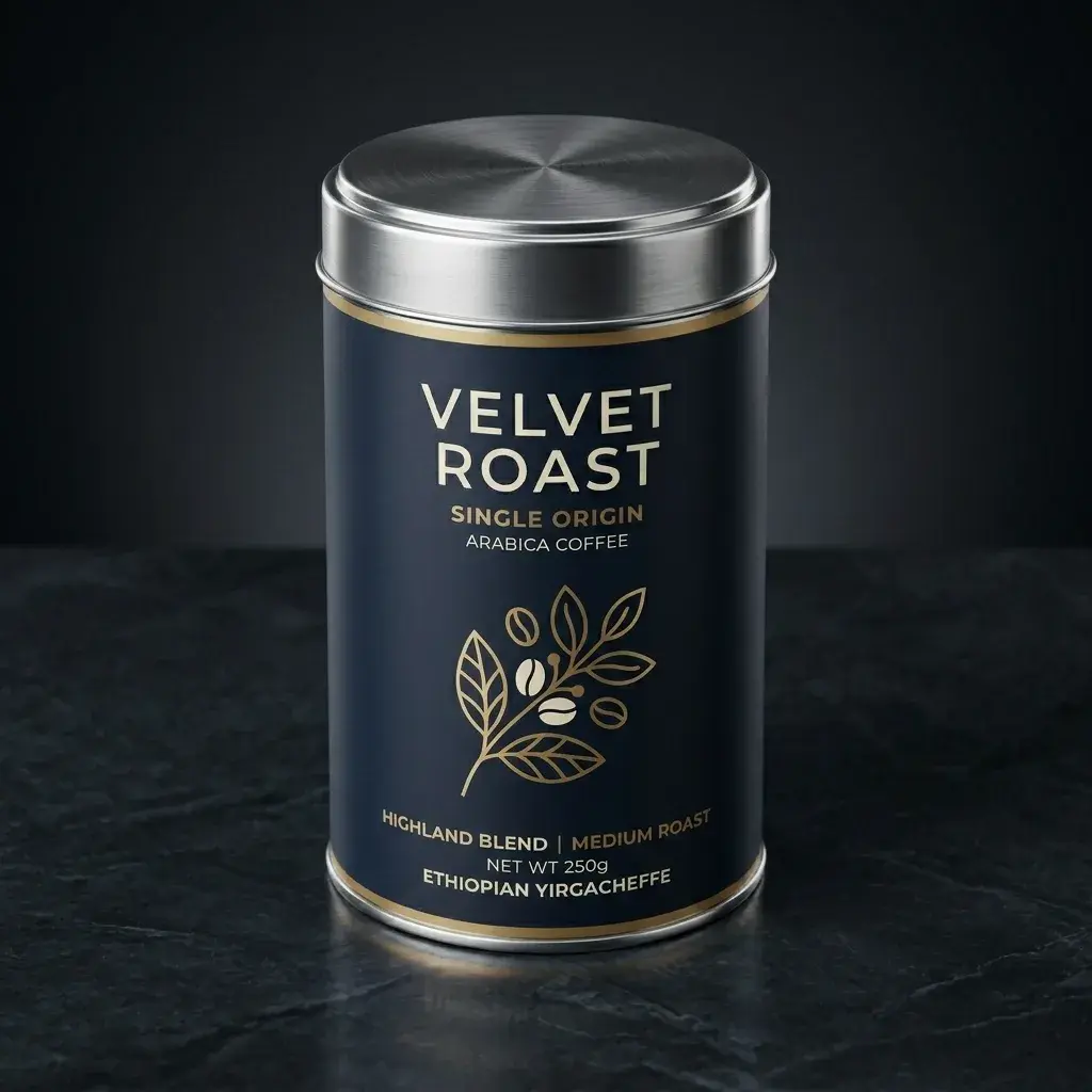 Premium coffee packaging design featuring navy blue tin with silver lid and gold accents for Velvet Roast single origin arabica coffee