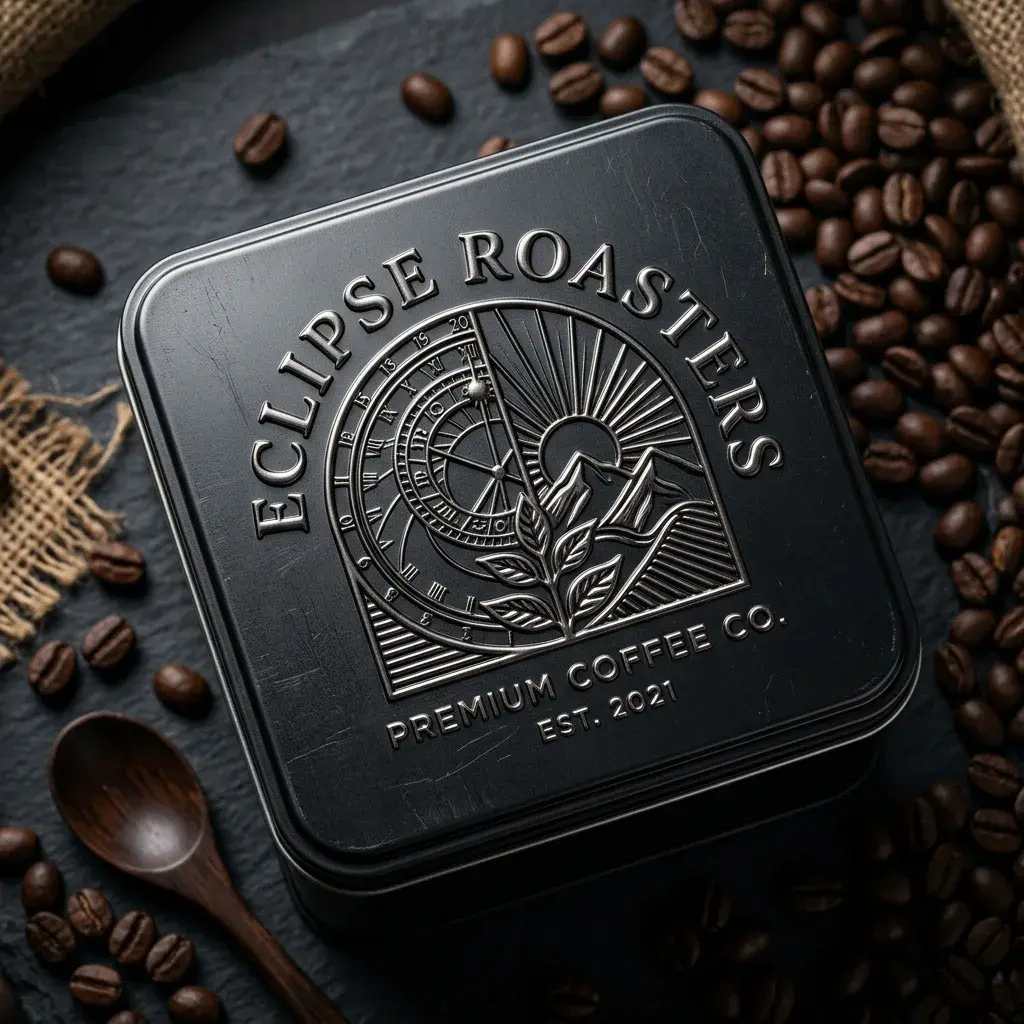 Premium Eclipse Roasters coffee packaging tin with embossed logo surrounded by roasted coffee beans on dark slate surface