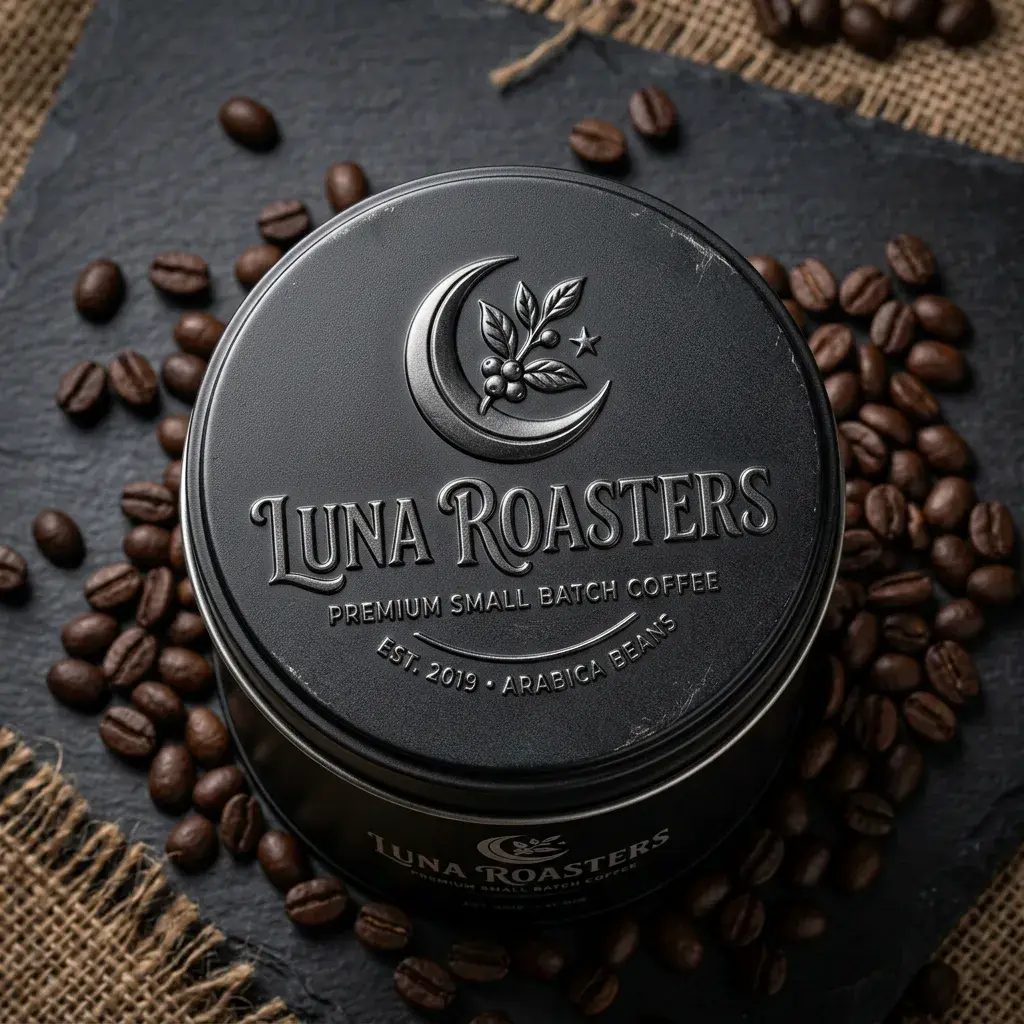 Premium Luna Roasters coffee tin with embossed logo surrounded by scattered arabica coffee beans on dark slate surface