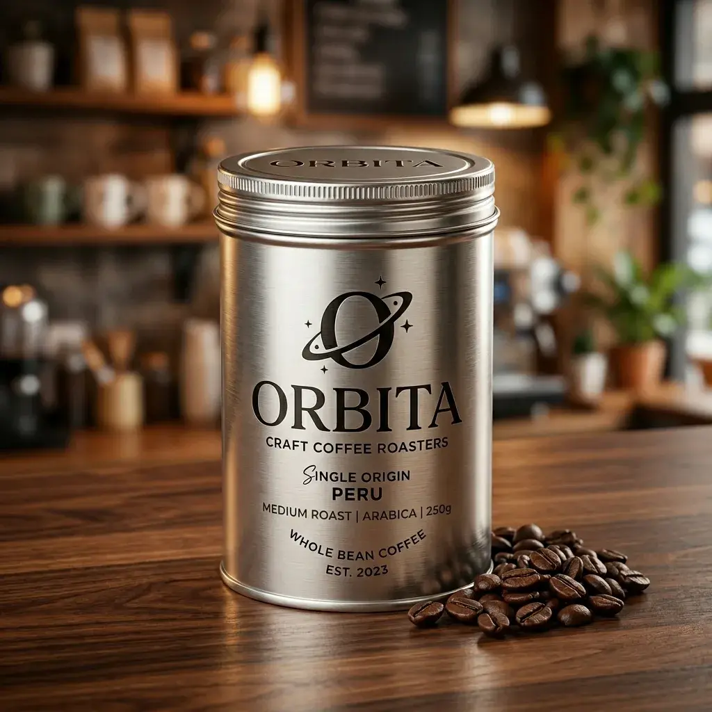 Silver metal coffee tin with Orbita Craft Coffee Roasters Peru medium roast branding on wooden table with scattered coffee beans in warm kitchen se...