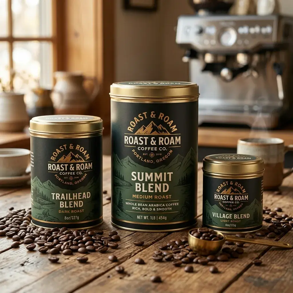 Three premium coffee cans with gold lids displaying Roast & Roam Coffee Co. branding on wooden surface with scattered coffee beans and espresso mac...