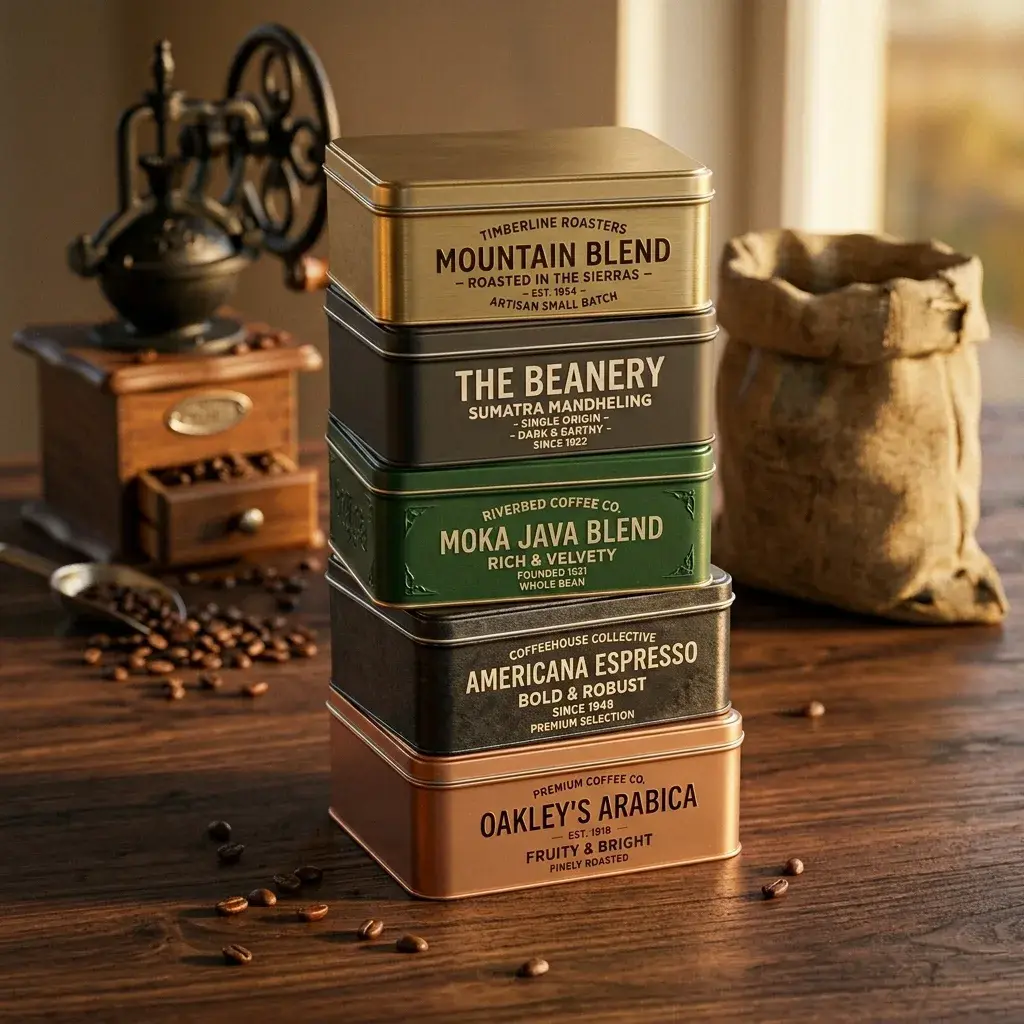 Stack of vintage coffee tin containers in gold, black, green and copper colors on rustic wooden table with coffee beans and antique grinder