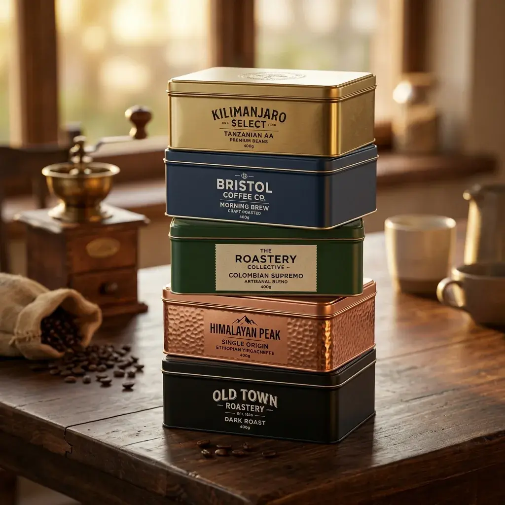 Stack of five premium coffee tins in gold, navy, green, copper and black colors on rustic wooden table with coffee beans and grinder in warm kitche...