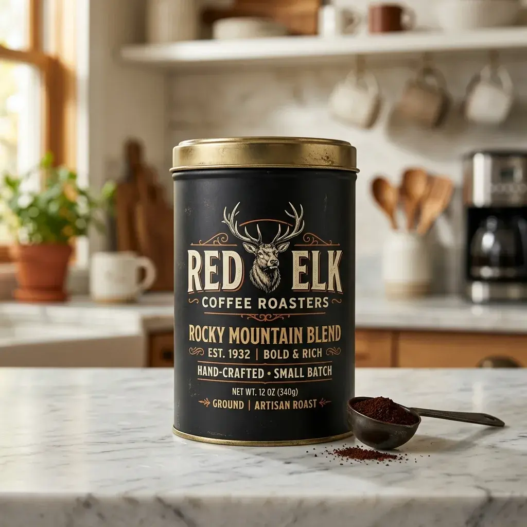 Red Elk Coffee Roasters Rocky Mountain Blend tin with golden lid on marble counter in rustic kitchen with coffee spoon