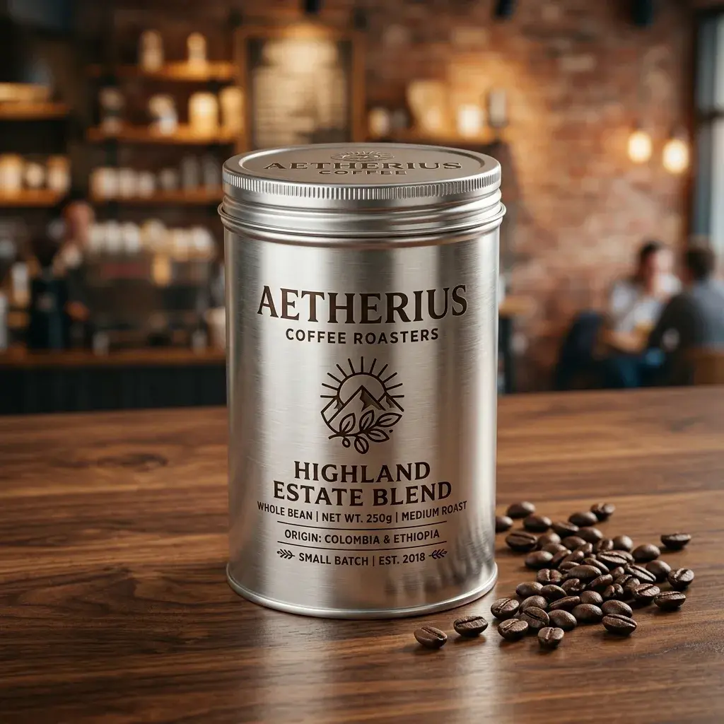Silver coffee tin labeled Aetherius Coffee Roasters Highland Estate Blend on wooden table with scattered coffee beans in warm cafe setting