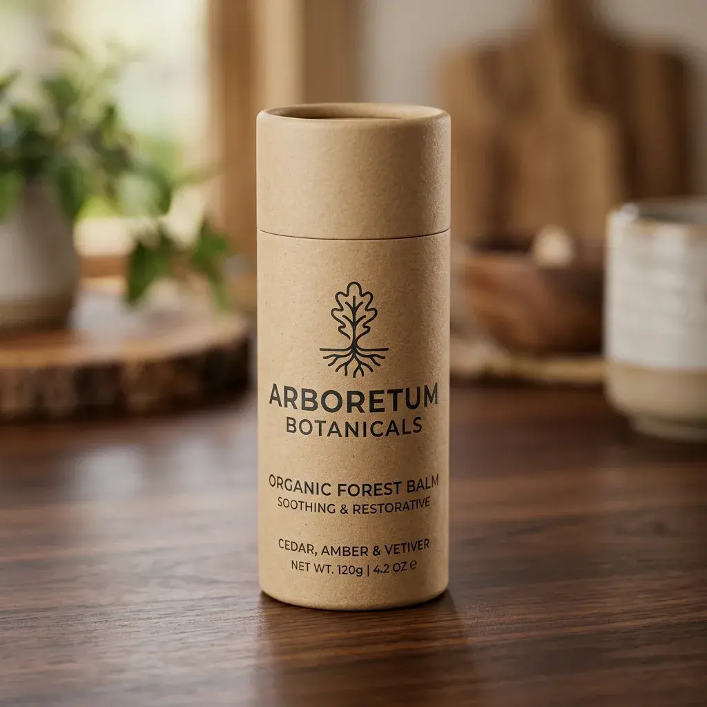 Kraft paper tube packaging for Arboretum Botanicals organic forest balm on wooden table with natural lighting