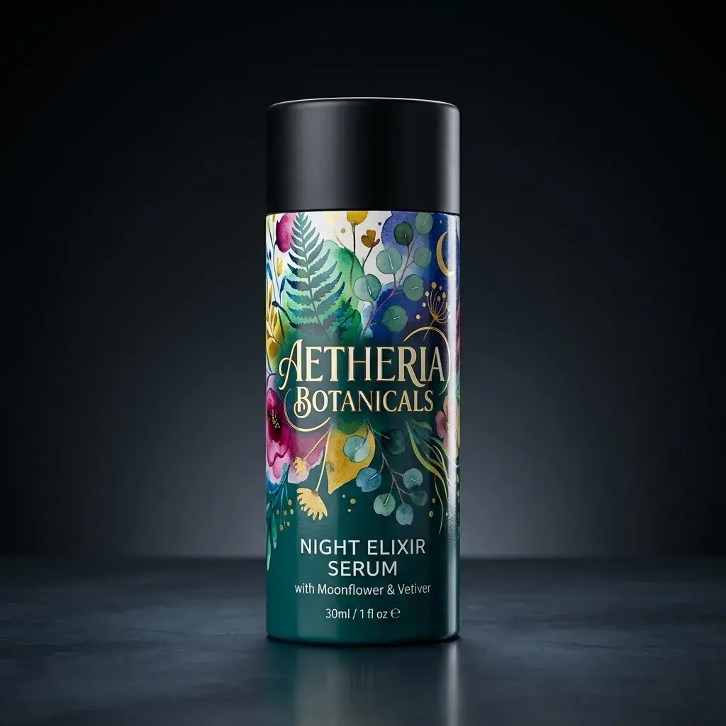 Aetheria Botanicals Night Elixir Serum bottle with vibrant botanical floral packaging design on dark background