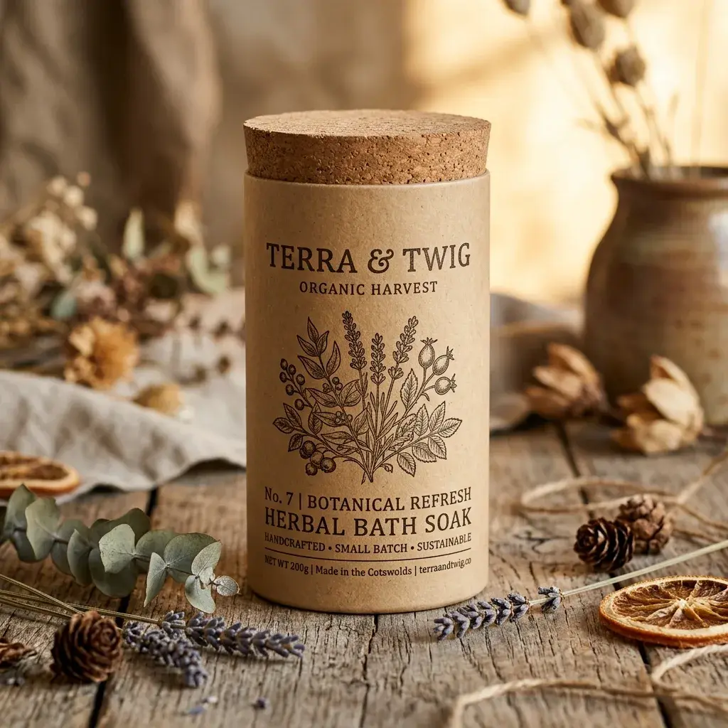 Terra & Twig organic herbal bath soak in kraft paper tube with cork lid on rustic wooden surface with dried lavender and botanicals