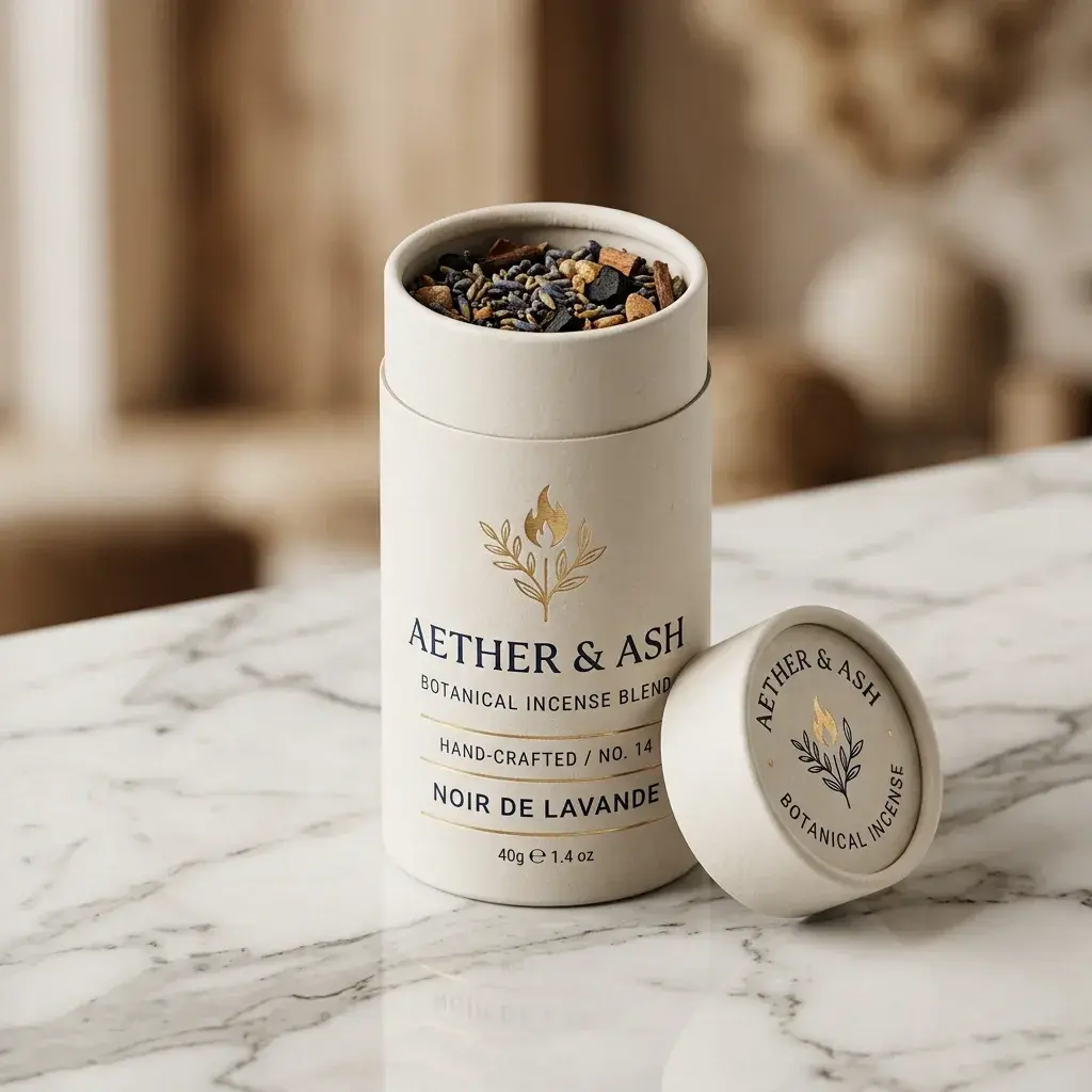 White cylindrical botanical incense blend container by Aether & Ash on marble surface, lid removed showing dark herb mixture inside