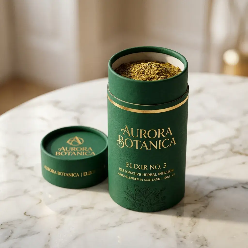 Green cylindrical herbal tea packaging container with gold Aurora Botanica Elixir No.3 branding, open lid revealing golden powder blend on marble s...