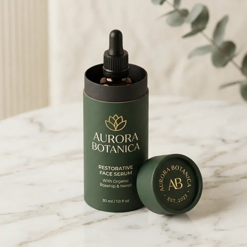 Aurora Botanica green cylindrical restorative face serum bottle with black dropper cap and gold lotus logo on marble surface