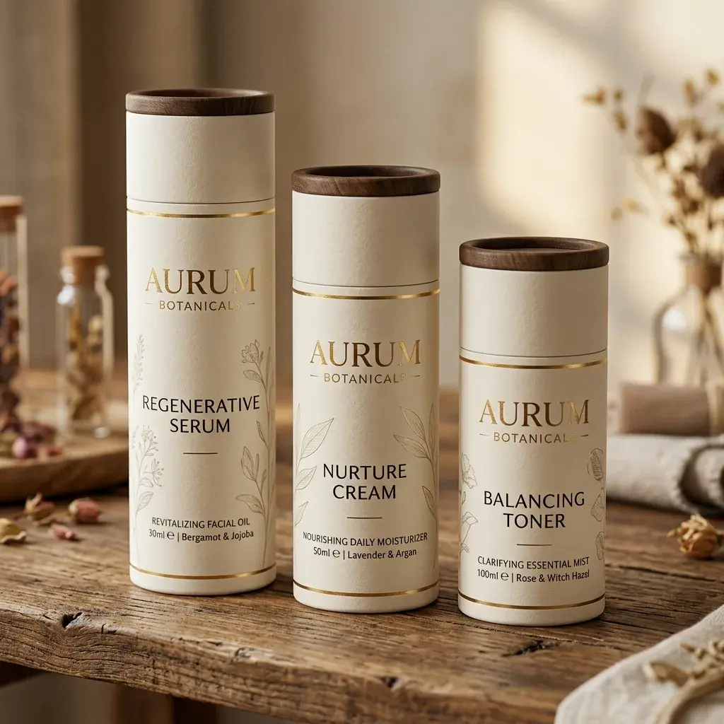 Three luxury Aurum Botanical skincare products with cream packaging and gold accents displayed on rustic wooden surface