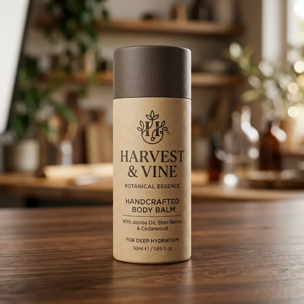 Harvest & Vine botanical body balm tube with kraft paper label and dark gray cap on wooden surface in cozy kitchen setting