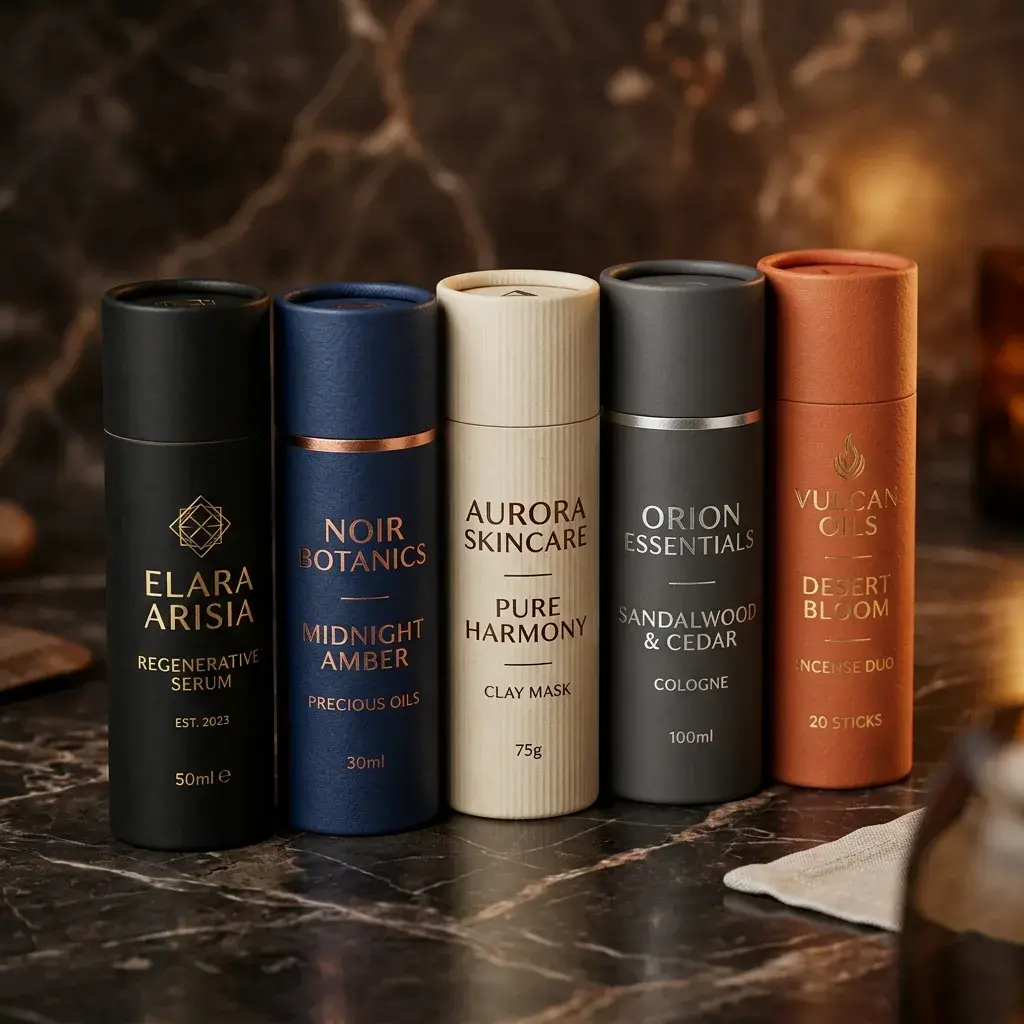 Five luxury skincare product tubes in black, blue, white, gray and terracotta packaging arranged on dark marble surface with warm ambient lighting