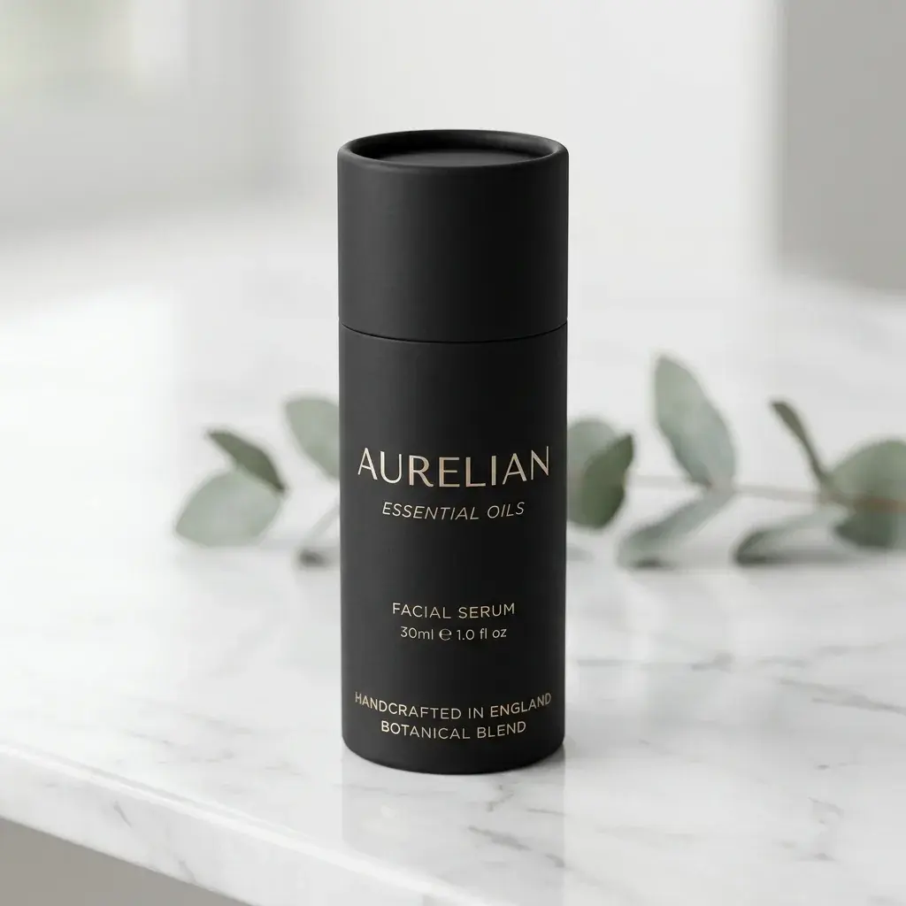 Black cylindrical Aurelian Essential Oils facial serum bottle on white marble surface with eucalyptus leaves, luxury skincare packaging design