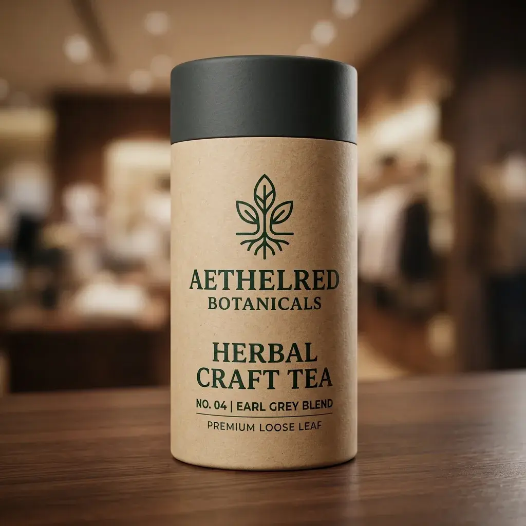 Aethelred Botanicals herbal craft tea cylinder packaging with kraft paper label and dark green lid on wooden table