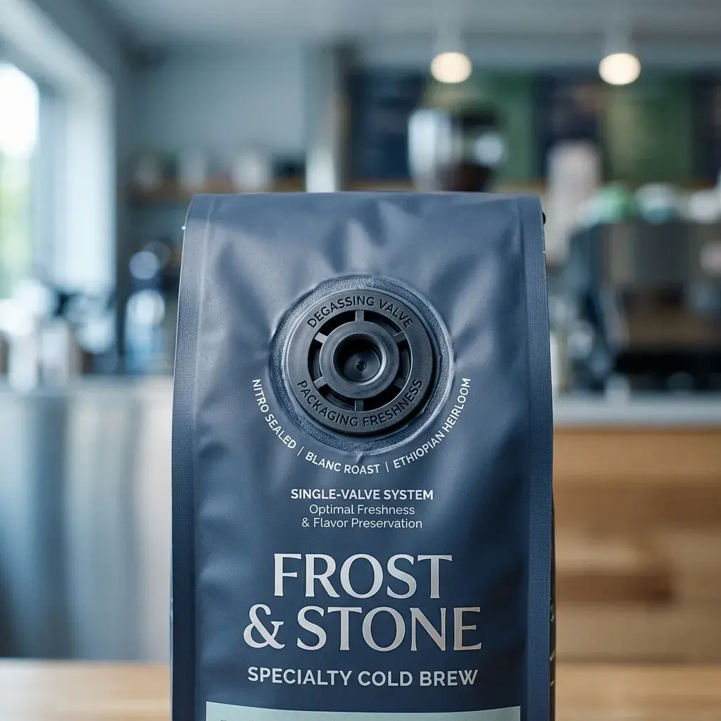 Frost & Stone specialty cold brew coffee package with degassing valve on wooden counter in modern cafe setting