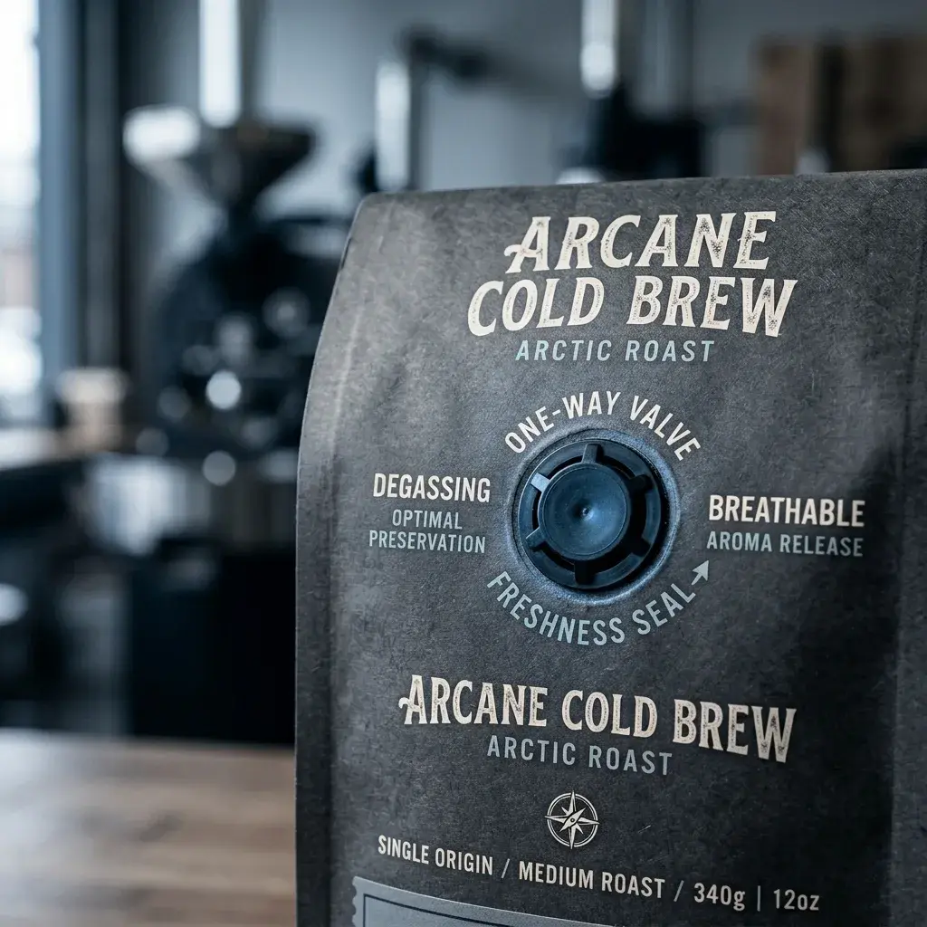 Arcane Cold Brew Arctic Roast coffee package with one-way valve and freshness seal in modern kitchen setting