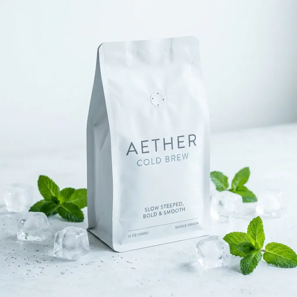 White minimalist Aether cold brew coffee packaging bag with mint leaves and ice cubes on marble surface, premium product photography