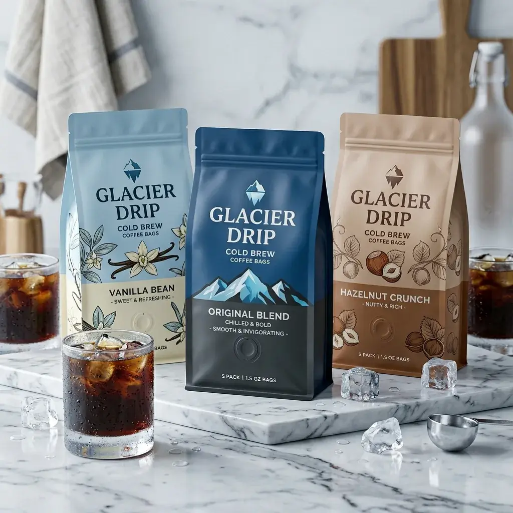 Three Glacier Drip cold brew coffee bags in vanilla bean, original blend, and hazelnut crunch flavors on marble counter with iced coffee glasses