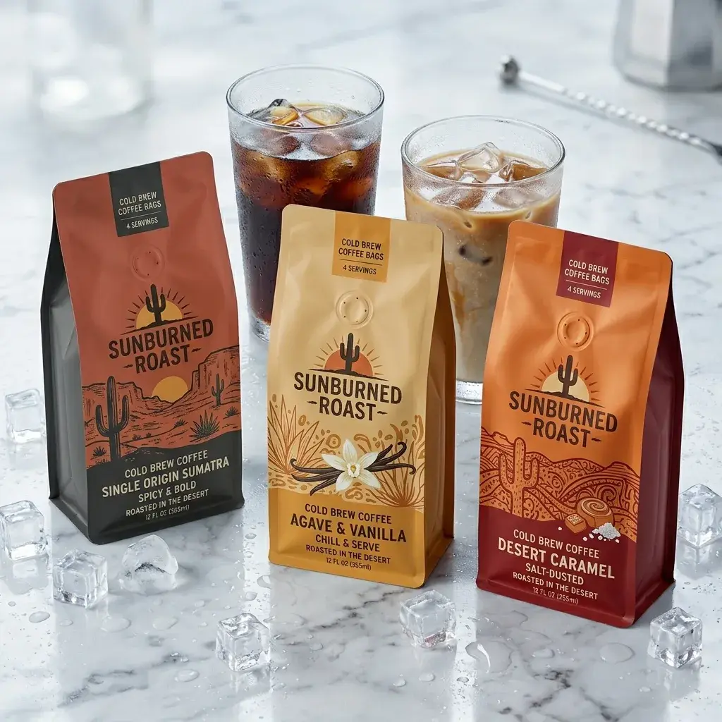 Three colorful Sunburned Roast cold brew coffee bags on marble counter with iced coffee glasses and ice cubes around them
