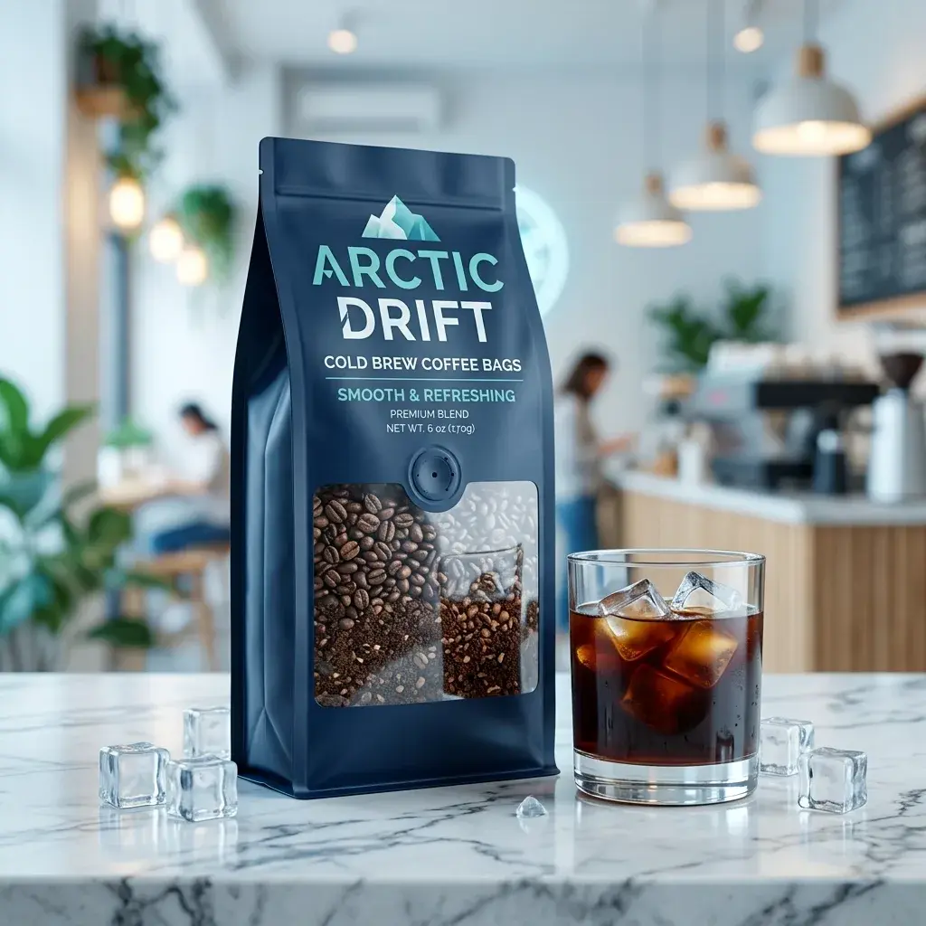 Arctic Drift cold brew coffee bags on marble counter with iced coffee glass, modern cafe background, premium packaging design