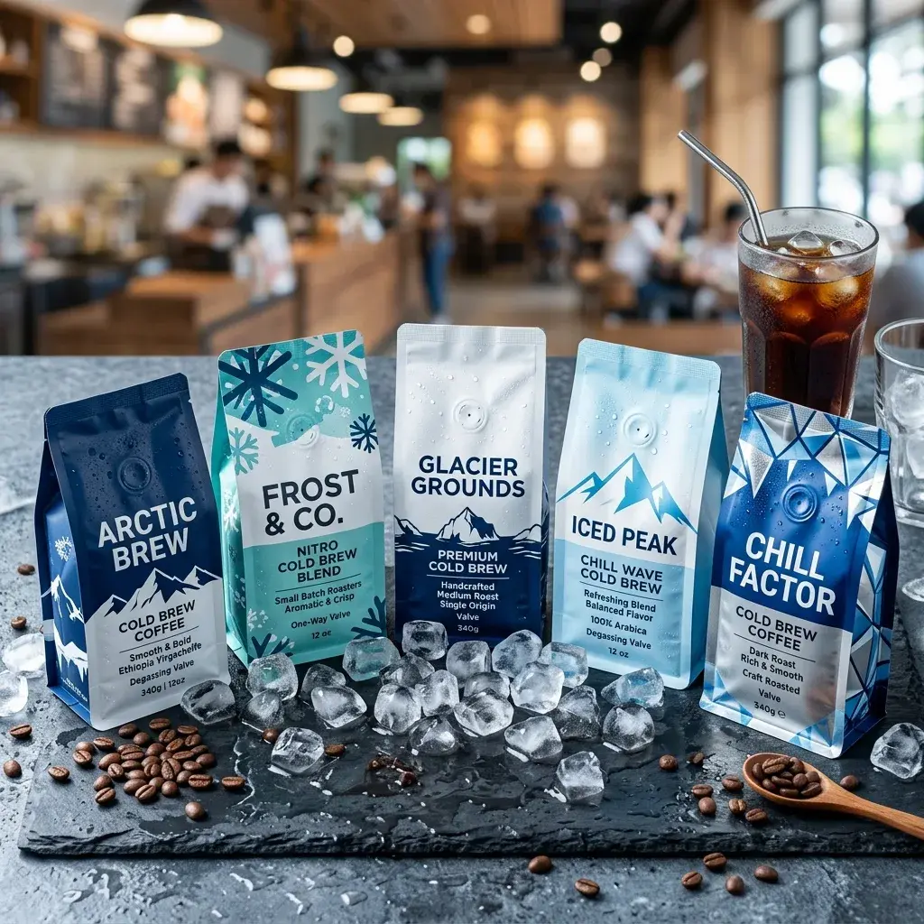 Five cold brew coffee packages with winter-themed designs displayed on dark slate with ice cubes, coffee beans, and iced drink in modern cafe setting