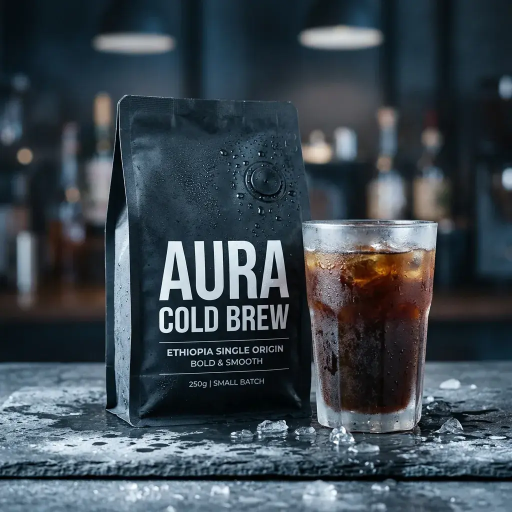Black coffee packaging bag labeled "AURA COLD BREW" with iced coffee glass on wet slate surface in modern cafe setting