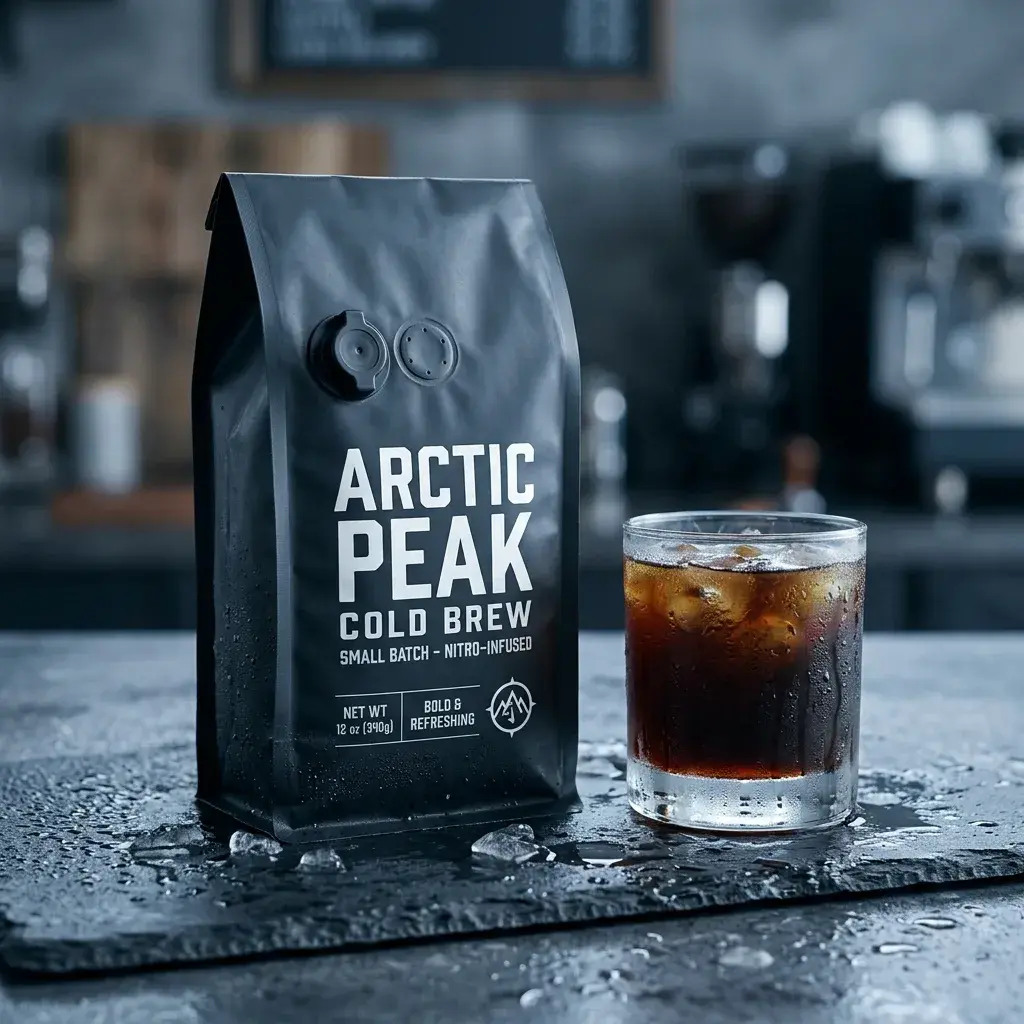 Arctic Peak cold brew coffee packaging with glass of iced coffee on dark slate surface in modern kitchen setting