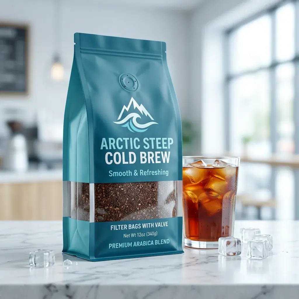 Teal cold brew coffee packaging with filter bags displayed next to iced coffee glass on marble counter in bright kitchen