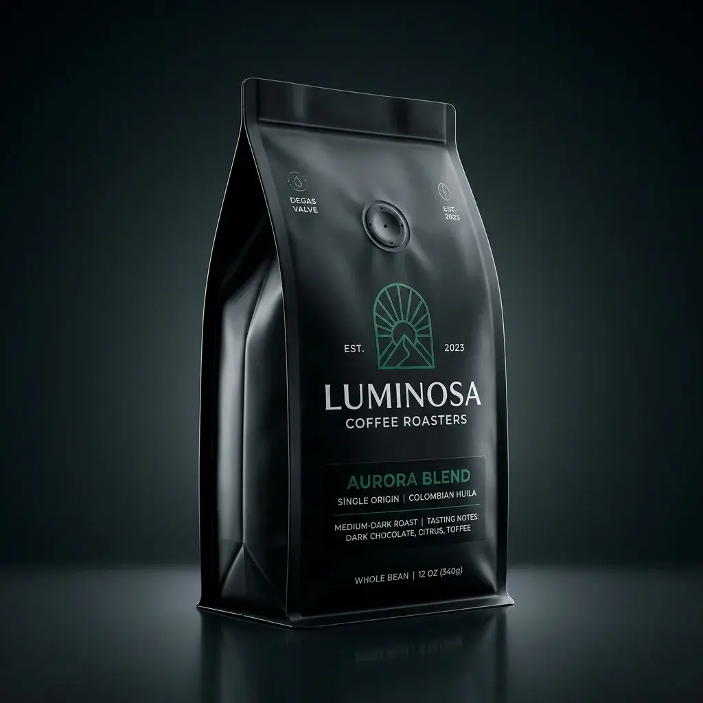 Premium black coffee packaging bag for Luminosa Coffee Roasters Aurora Blend with green logo on dark moody background