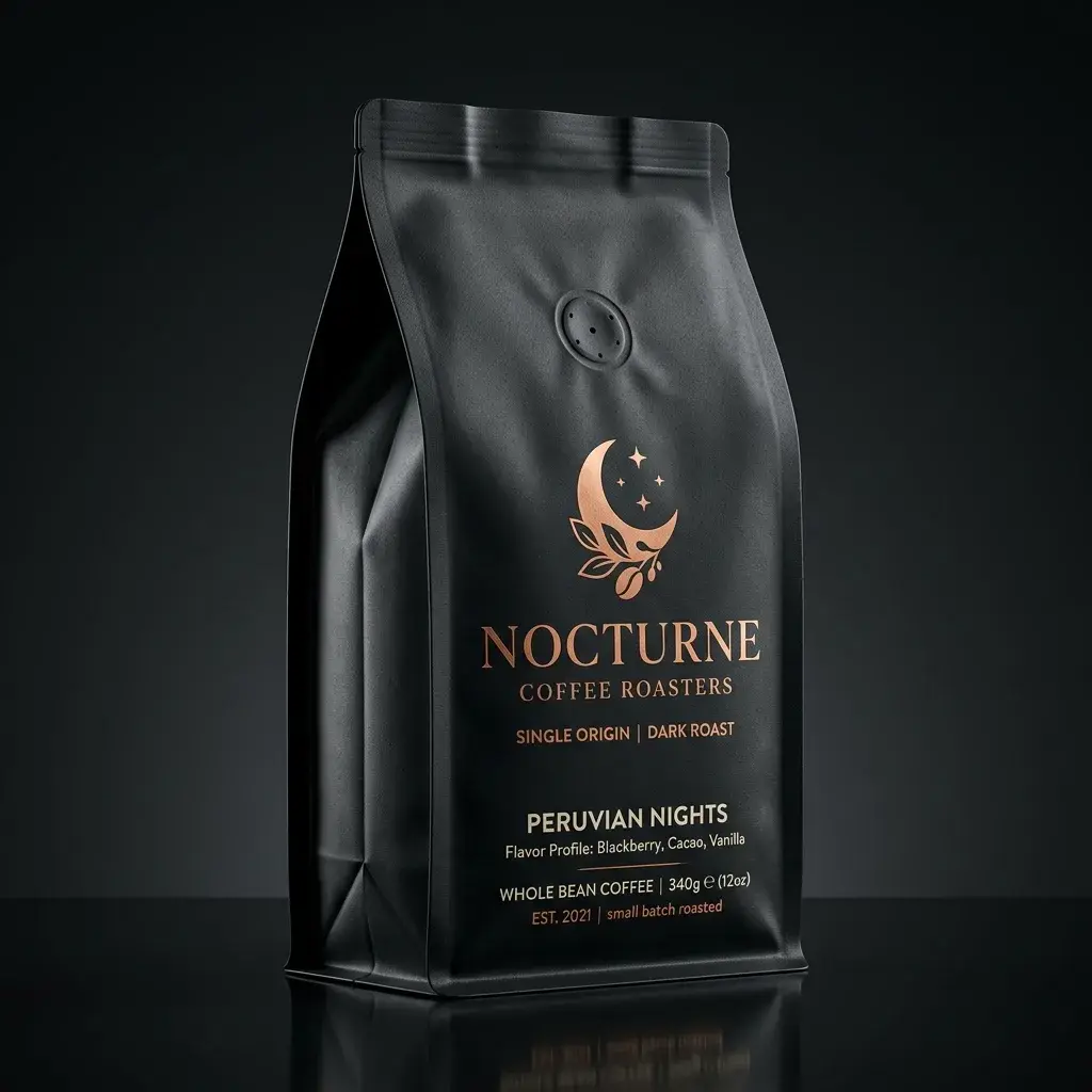 Black coffee packaging bag for Nocturne Coffee Roasters Peruvian Nights dark roast with copper moon logo on dark background