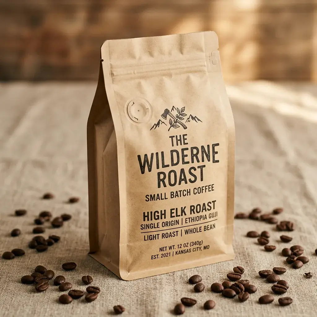Craft coffee packaging bag with brown kraft paper design surrounded by scattered coffee beans on burlap surface