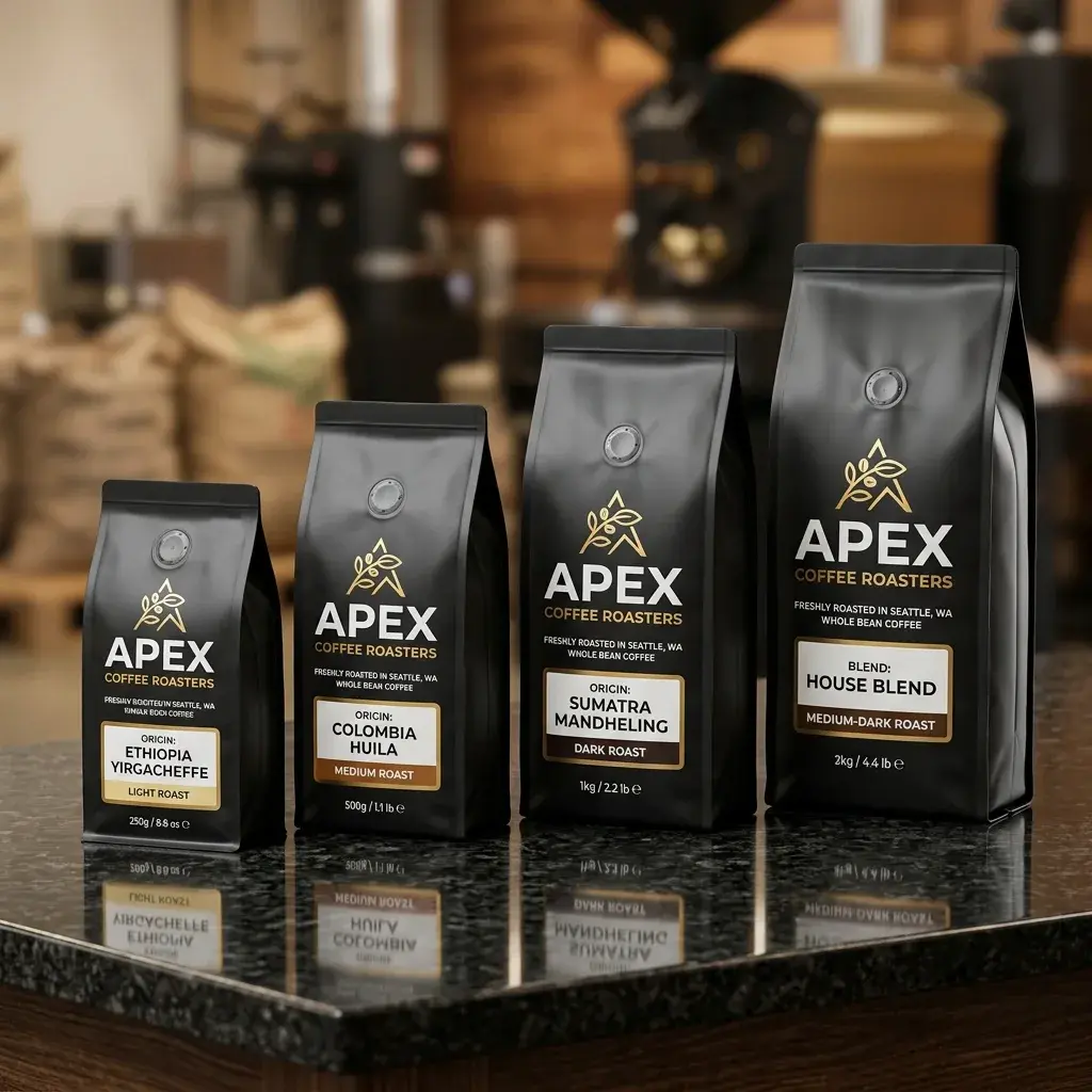 Four black Apex Coffee Roasters packages in ascending sizes displaying different coffee origins and roast levels on reflective surface with warm co...
