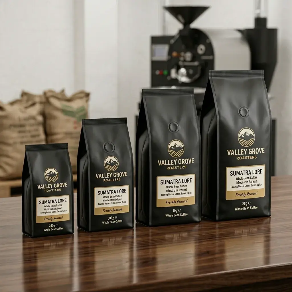 Four black coffee packaging bags labeled Valley Grove Roasters Sumatra Lore in different sizes displayed on wooden surface with coffee roaster equi...