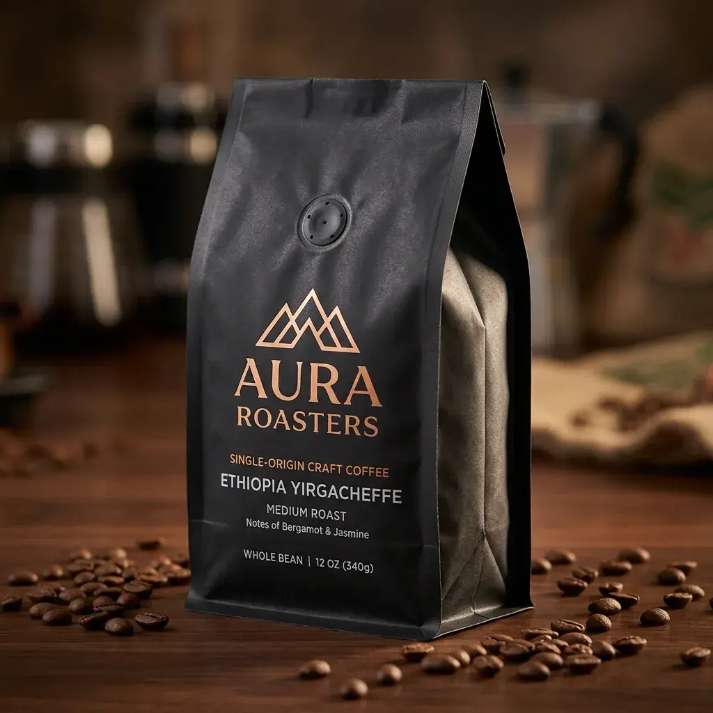 Premium black coffee packaging bag for Aura Roasters Ethiopia Yirgacheffe medium roast with scattered coffee beans on wooden surface
